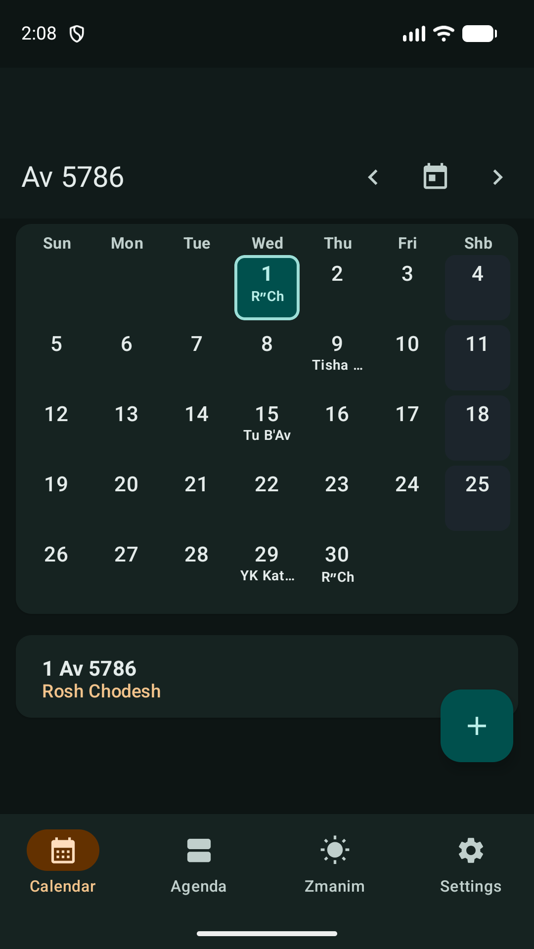 Calendar in dark mode