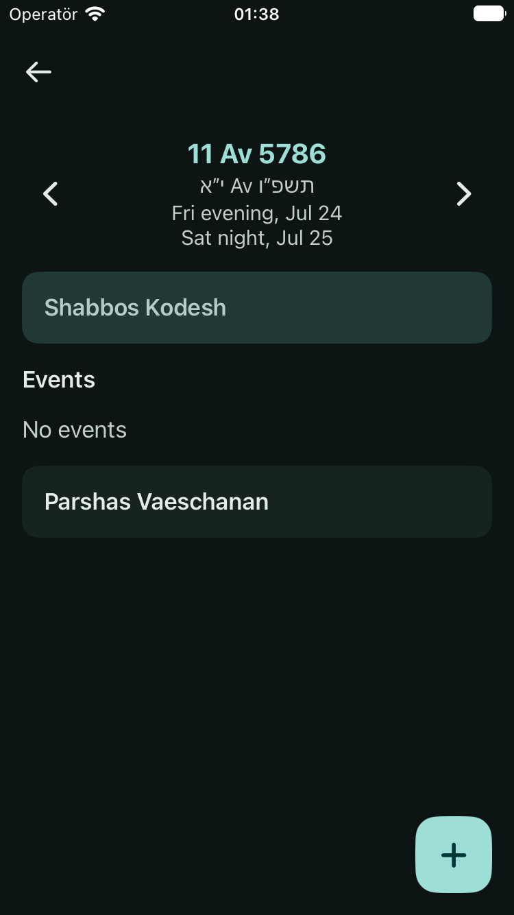 JewCal Shabbos day view on iPhone