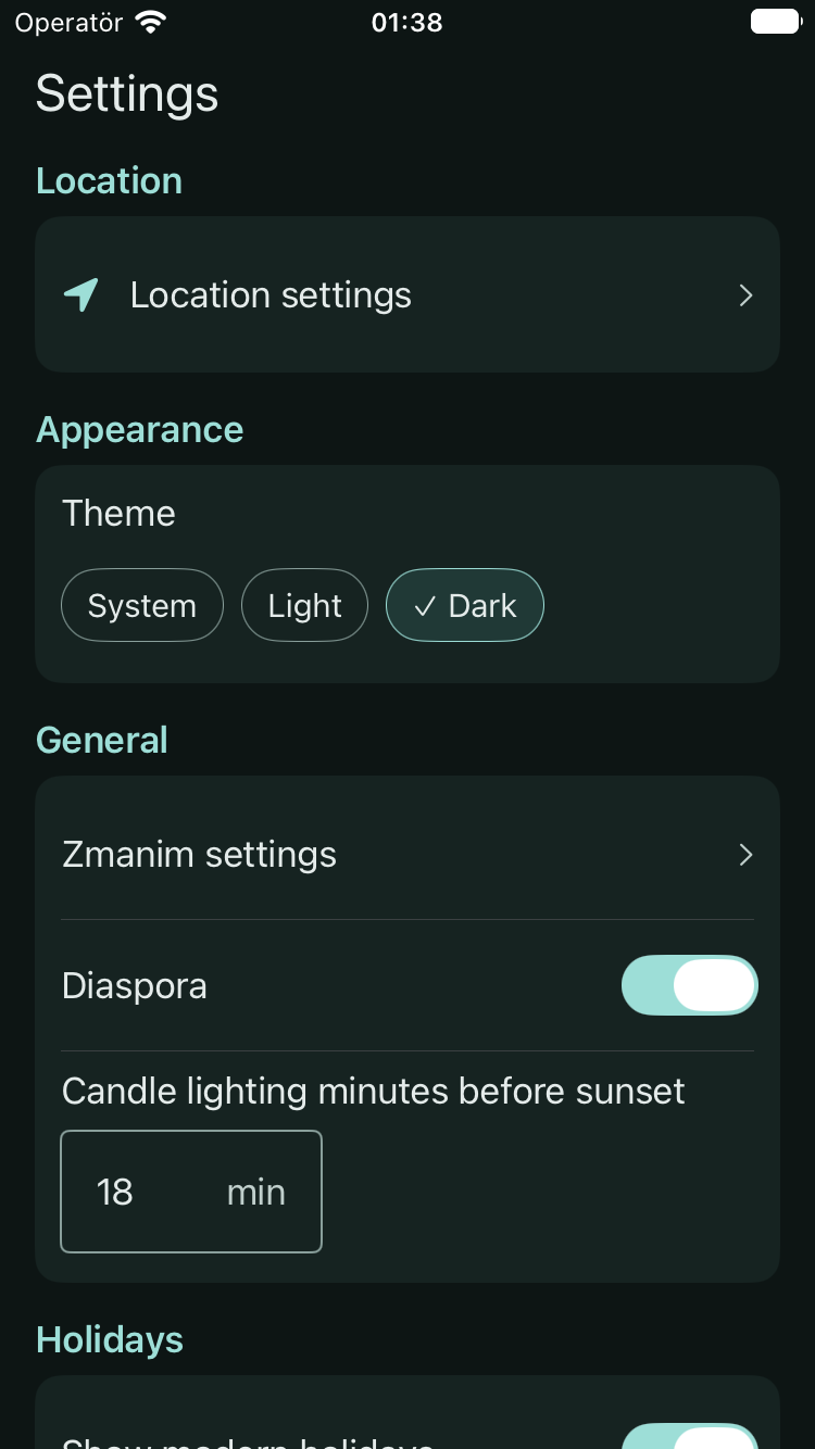 JewCal settings on iPhone